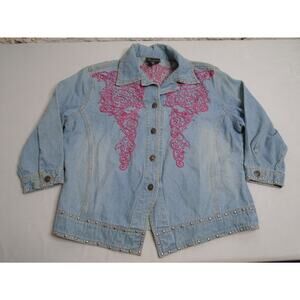Cattlelac Ranch Women’s Denim Jacket L Studded Embroidered Rhinestones Blue